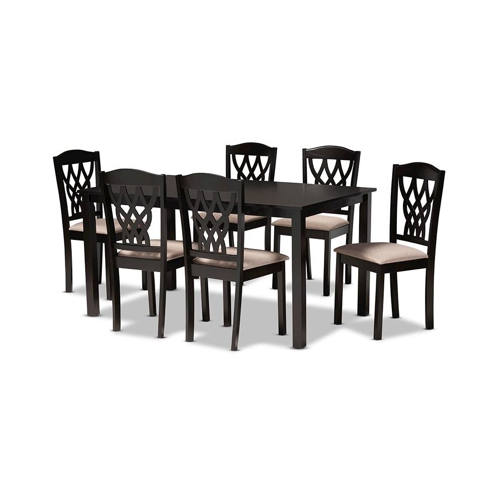 Sand Fabric Upholstered and Dark Brown Finished Wood 7-Piece Dining Set