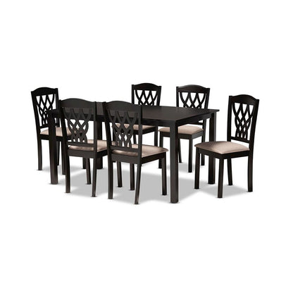 Sand Fabric Upholstered and Dark Brown Finished Wood 7-Piece Dining Set