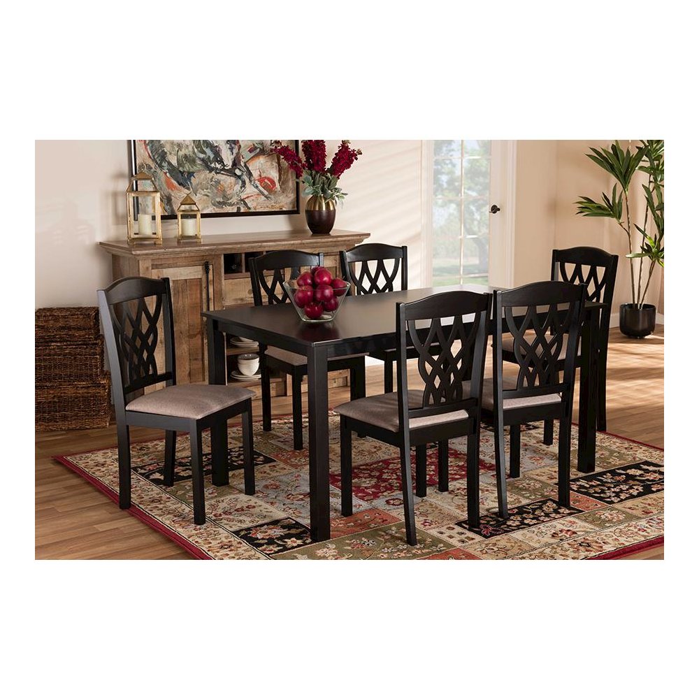 Sand Fabric Upholstered and Dark Brown Finished Wood 7-Piece Dining Set