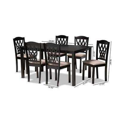 Sand Fabric Upholstered and Dark Brown Finished Wood 7-Piece Dining Set