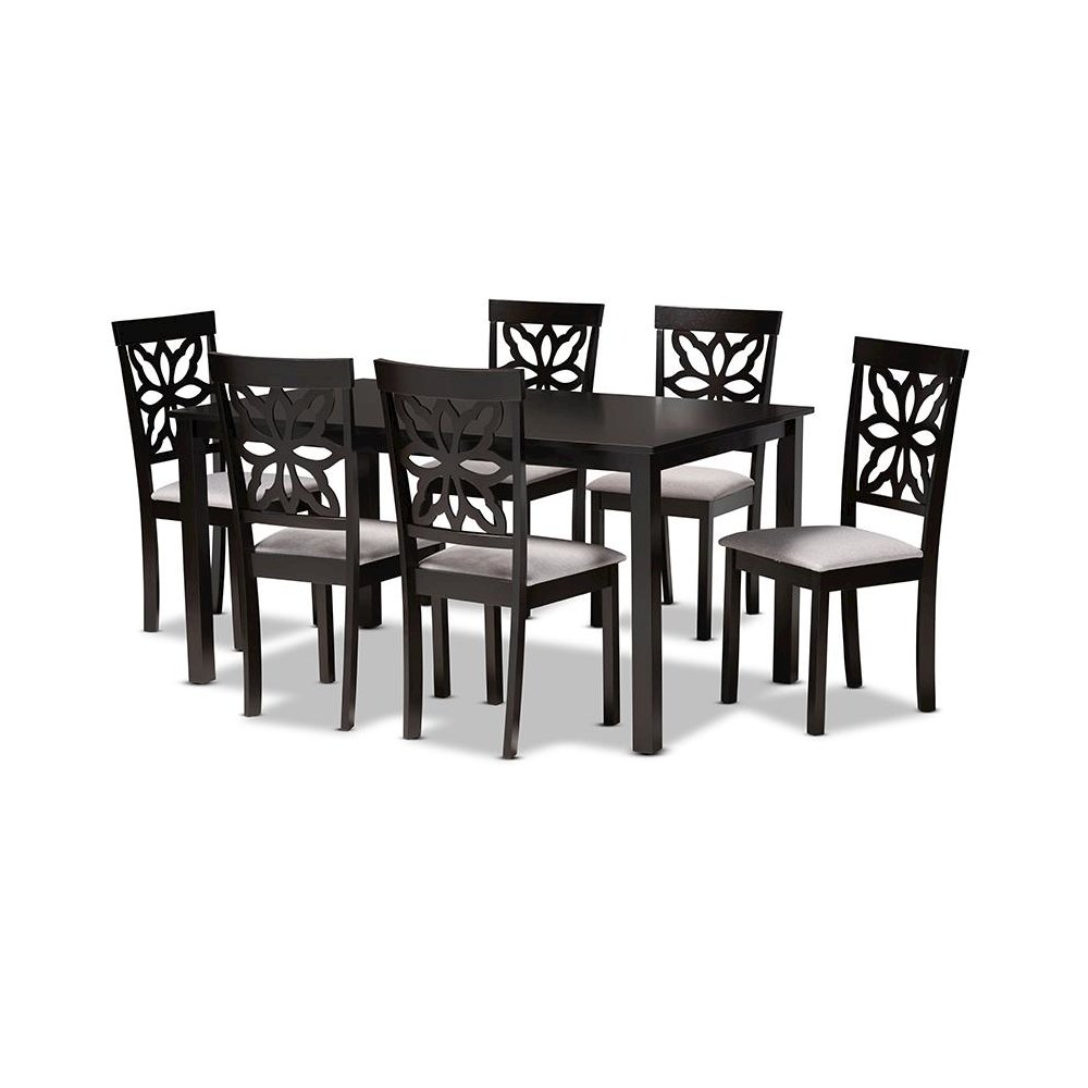 Grey Fabric Upholstered and Dark Brown Finished Wood 7-Piece Dining Set
