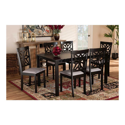 Grey Fabric Upholstered and Dark Brown Finished Wood 7-Piece Dining Set