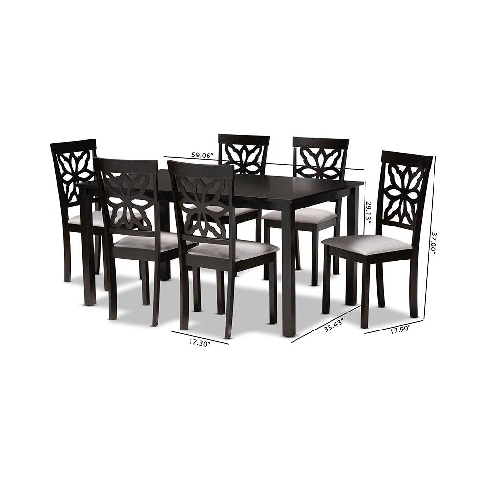 Grey Fabric Upholstered and Dark Brown Finished Wood 7-Piece Dining Set