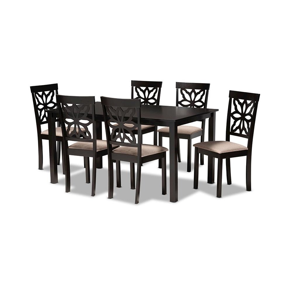 Sand Fabric Upholstered and Dark Brown Finished Wood 7-Piece Dining Set
