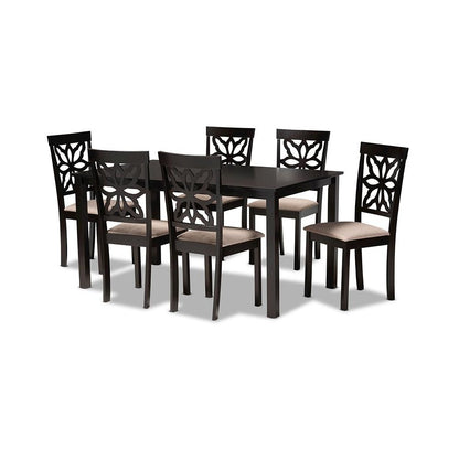 Sand Fabric Upholstered and Dark Brown Finished Wood 7-Piece Dining Set