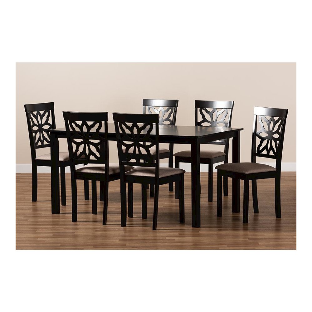 Sand Fabric Upholstered and Dark Brown Finished Wood 7-Piece Dining Set