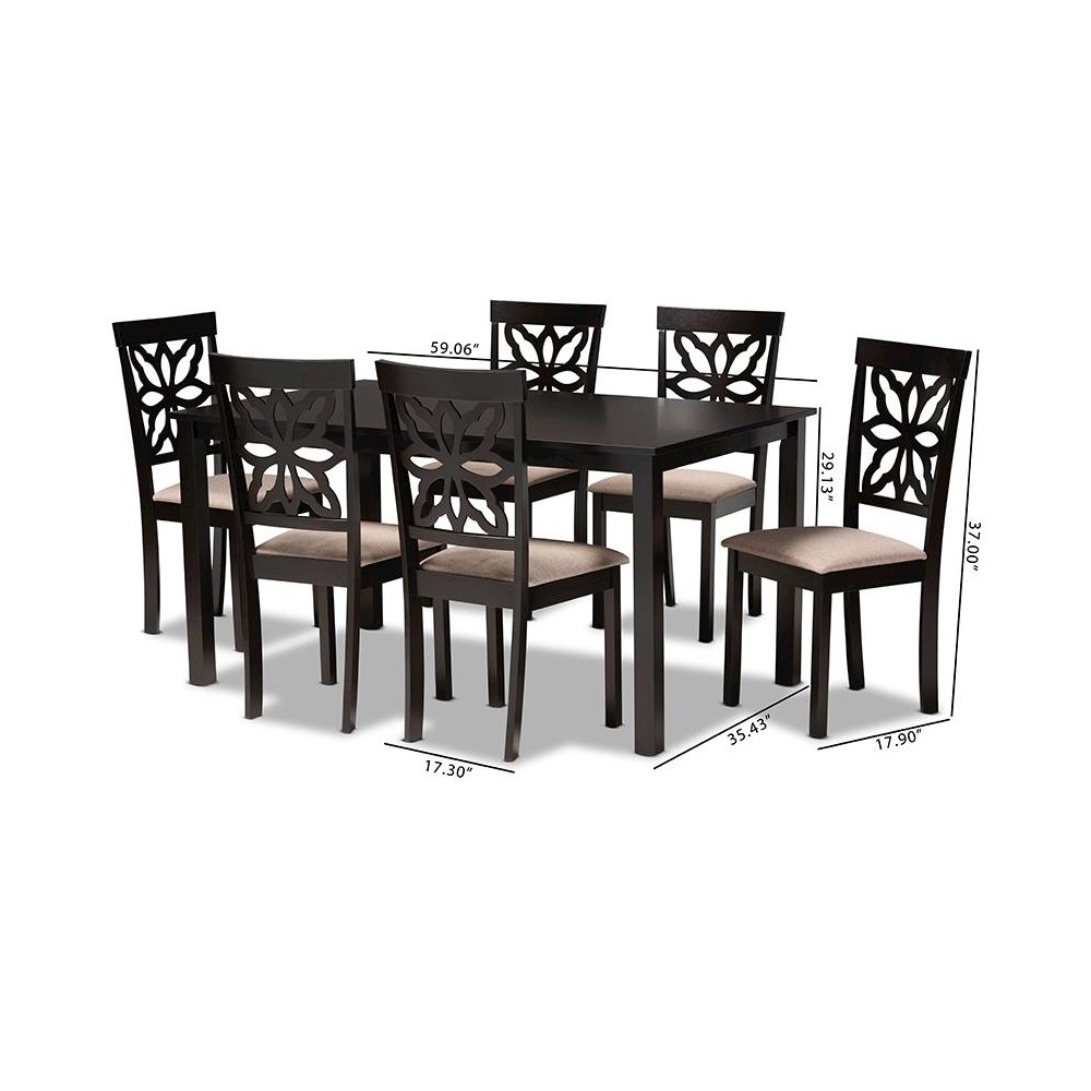 Sand Fabric Upholstered and Dark Brown Finished Wood 7-Piece Dining Set