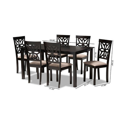 Sand Fabric Upholstered and Dark Brown Finished Wood 7-Piece Dining Set