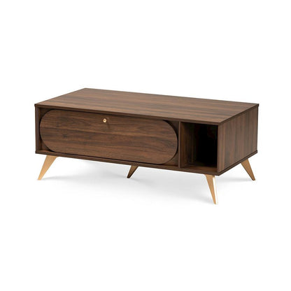 Edel Mid-Century Modern Walnut Brown and Gold Finished Wood Coffee Table