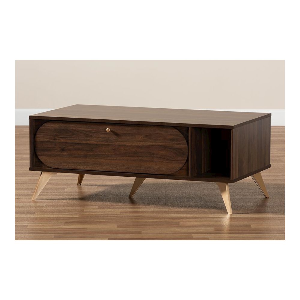 Edel Mid-Century Modern Walnut Brown and Gold Finished Wood Coffee Table