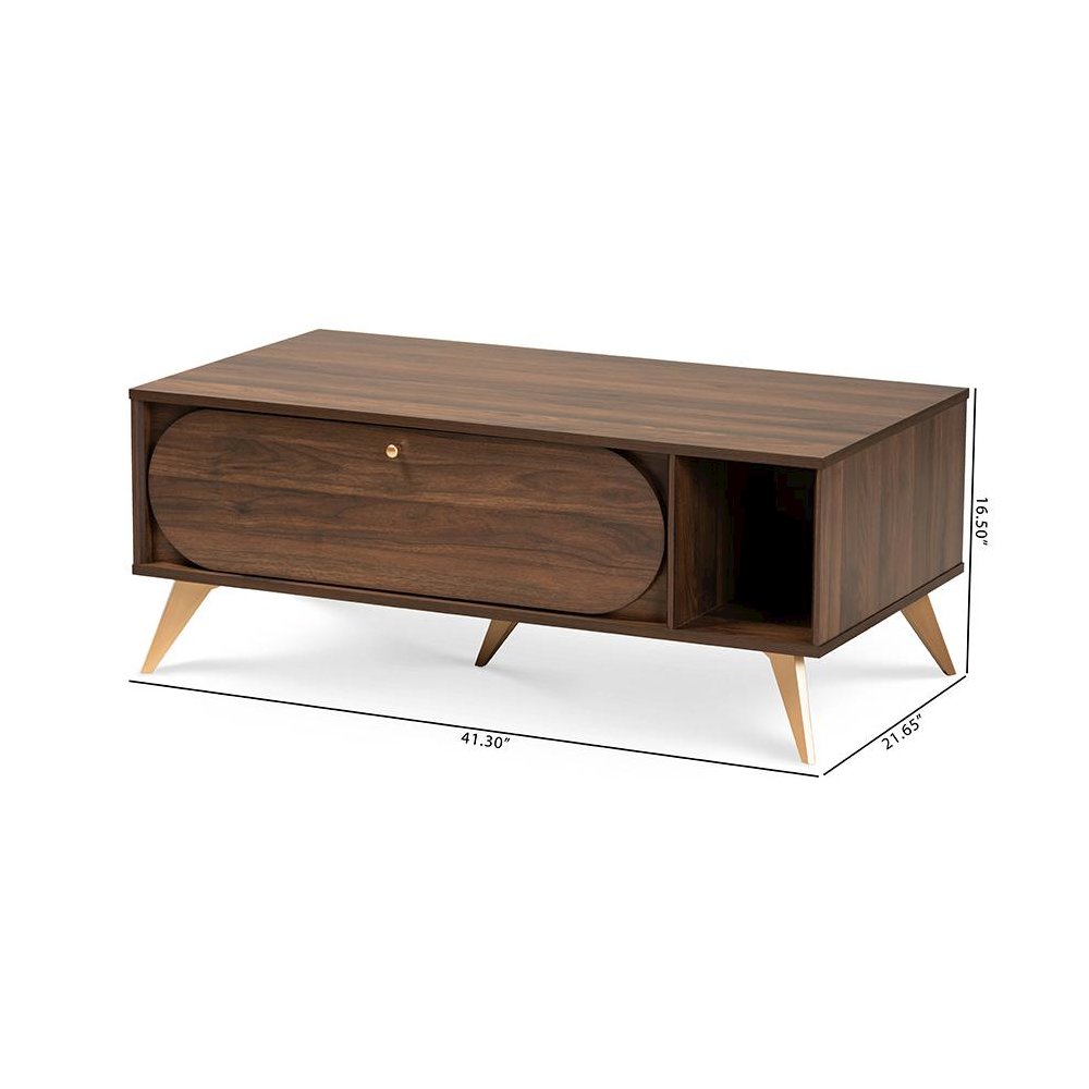 Edel Mid-Century Modern Walnut Brown and Gold Finished Wood Coffee Table