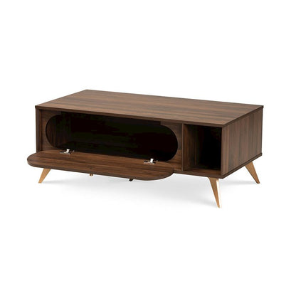 Edel Mid-Century Modern Walnut Brown and Gold Finished Wood Coffee Table