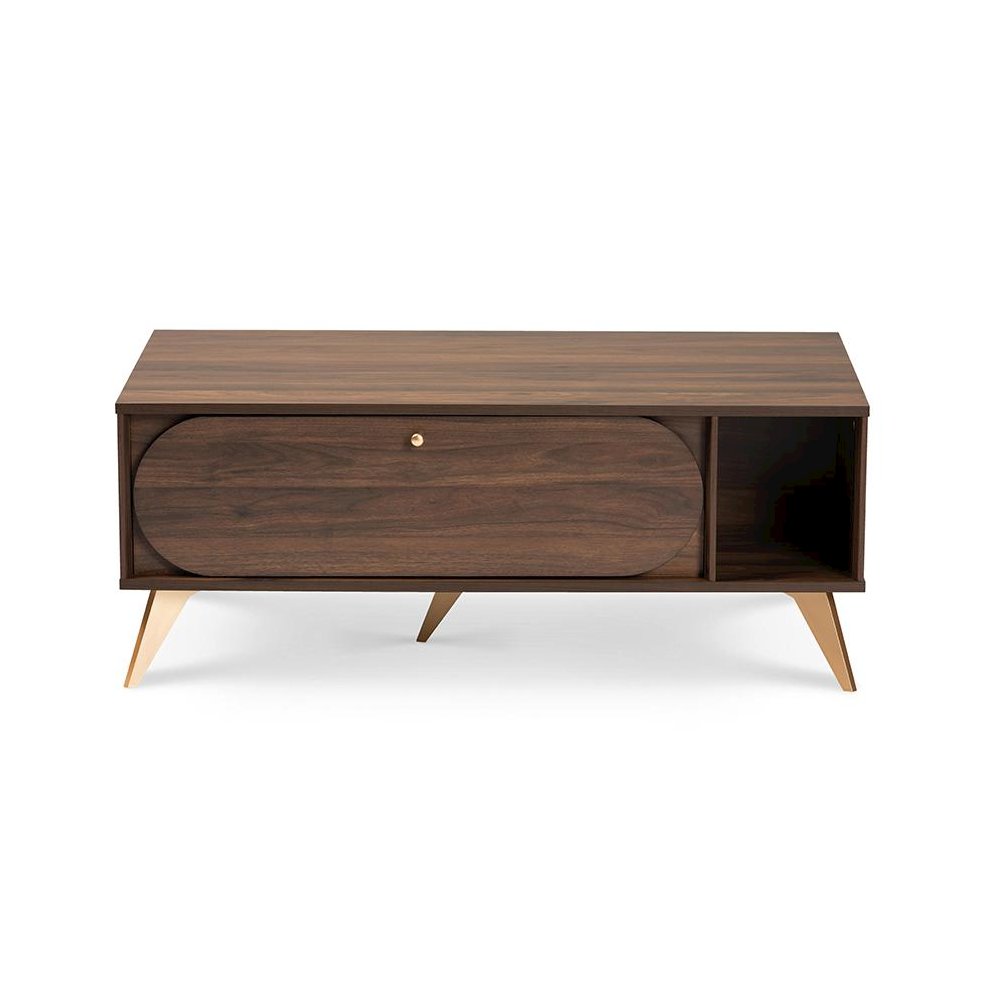 Edel Mid-Century Modern Walnut Brown and Gold Finished Wood Coffee Table