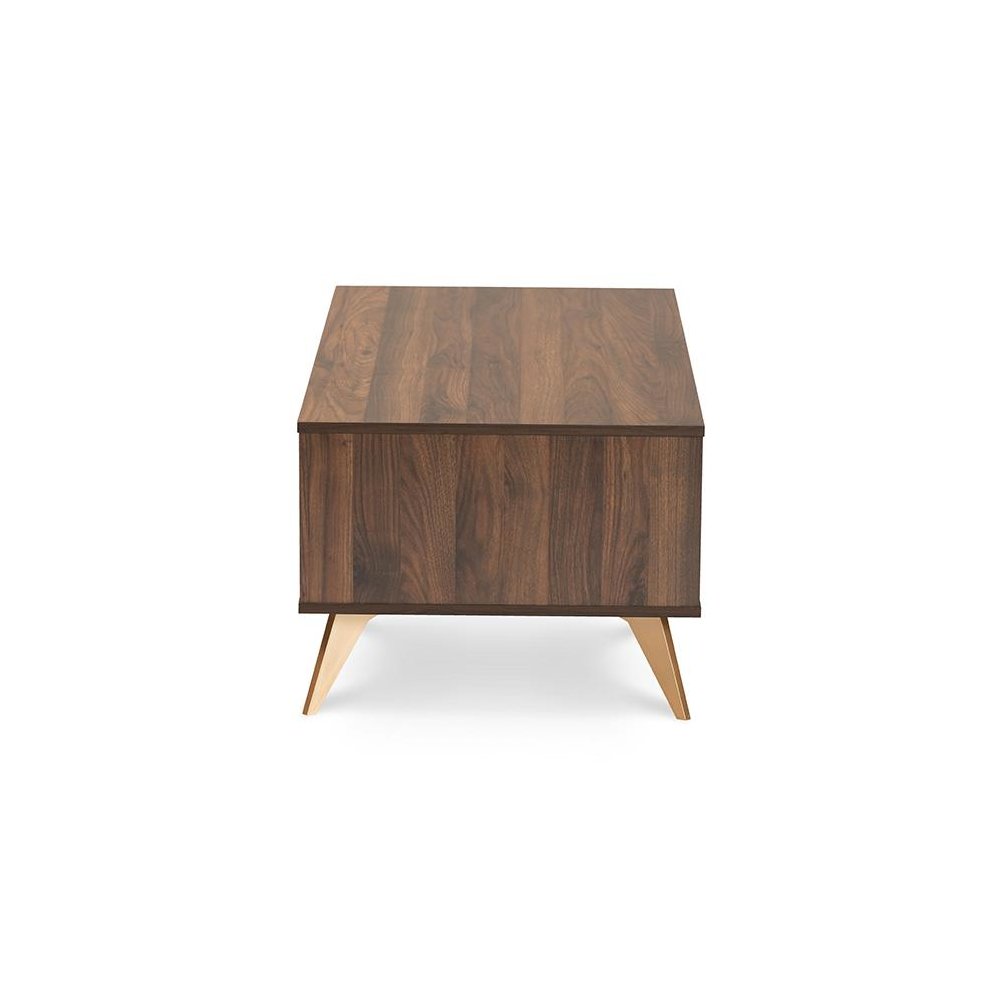 Edel Mid-Century Modern Walnut Brown and Gold Finished Wood Coffee Table