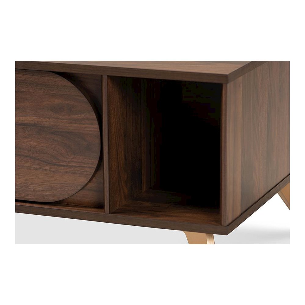Edel Mid-Century Modern Walnut Brown and Gold Finished Wood Coffee Table