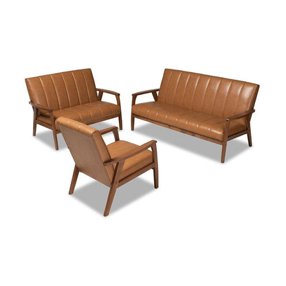 Modern Upholstered and Walnut Brown finished Wood 3-Piece Living Room Set