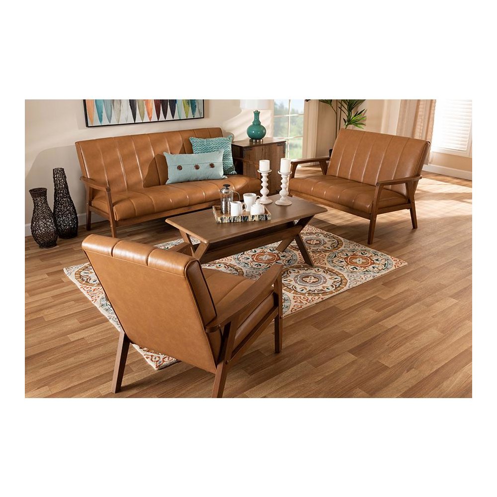 Modern Upholstered and Walnut Brown finished Wood 3-Piece Living Room Set