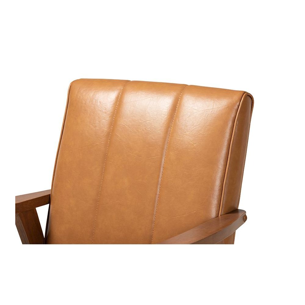 Leather Upholstered and Walnut Brown finished Wood Lounge Chair