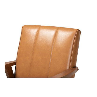 Leather Upholstered and Walnut Brown finished Wood Lounge Chair