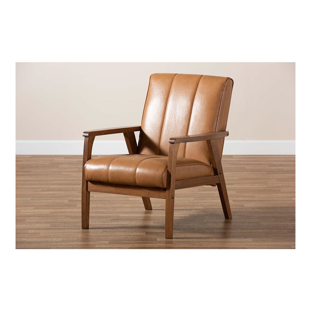 Leather Upholstered and Walnut Brown finished Wood Lounge Chair