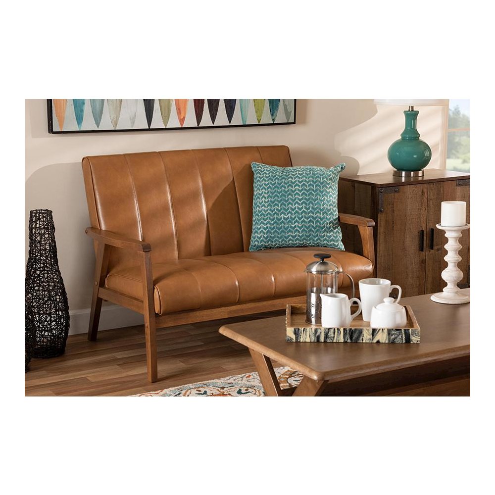 Leather Upholstered and Walnut Brown finished Wood Loveseat