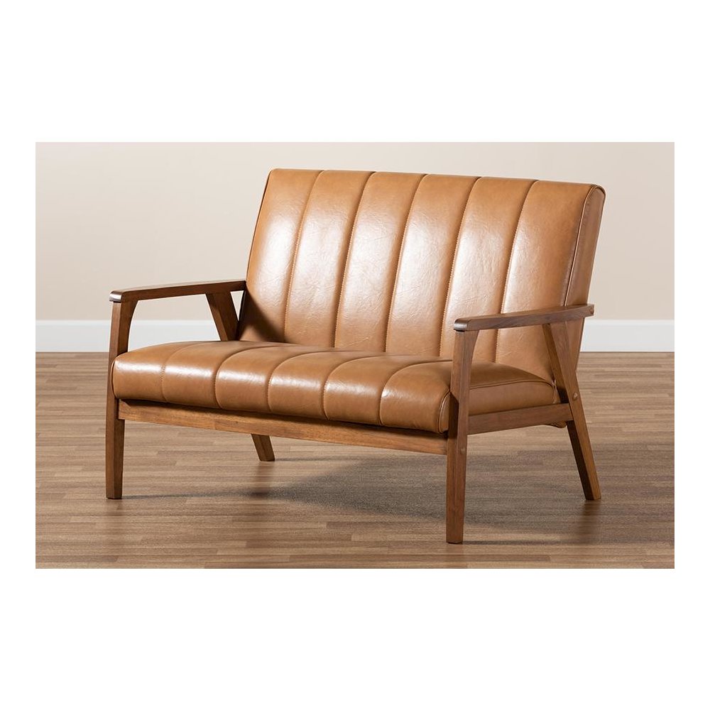 Leather Upholstered and Walnut Brown finished Wood Loveseat