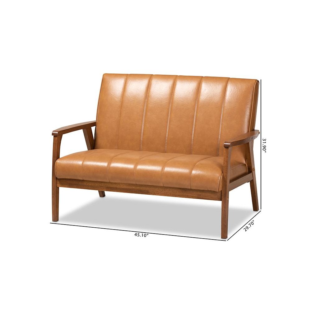 Leather Upholstered and Walnut Brown finished Wood Loveseat