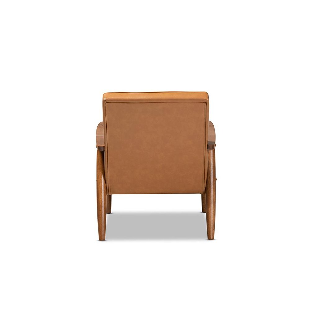 Leather Upholstered and Walnut Brown Finished Wood Lounge Chair