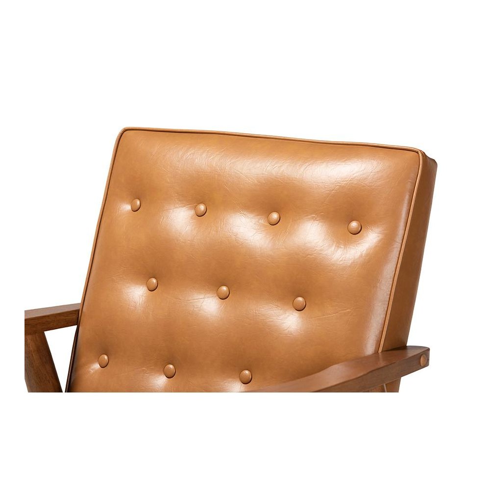 Leather Upholstered and Walnut Brown Finished Wood Lounge Chair