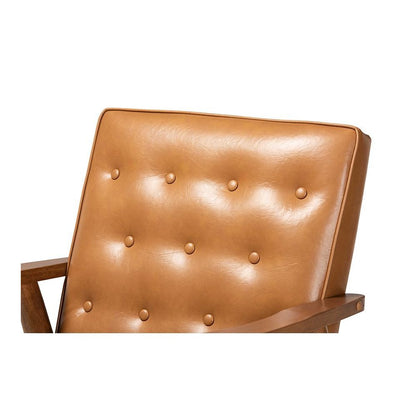 Leather Upholstered and Walnut Brown Finished Wood Lounge Chair