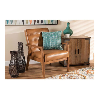 Leather Upholstered and Walnut Brown Finished Wood Lounge Chair