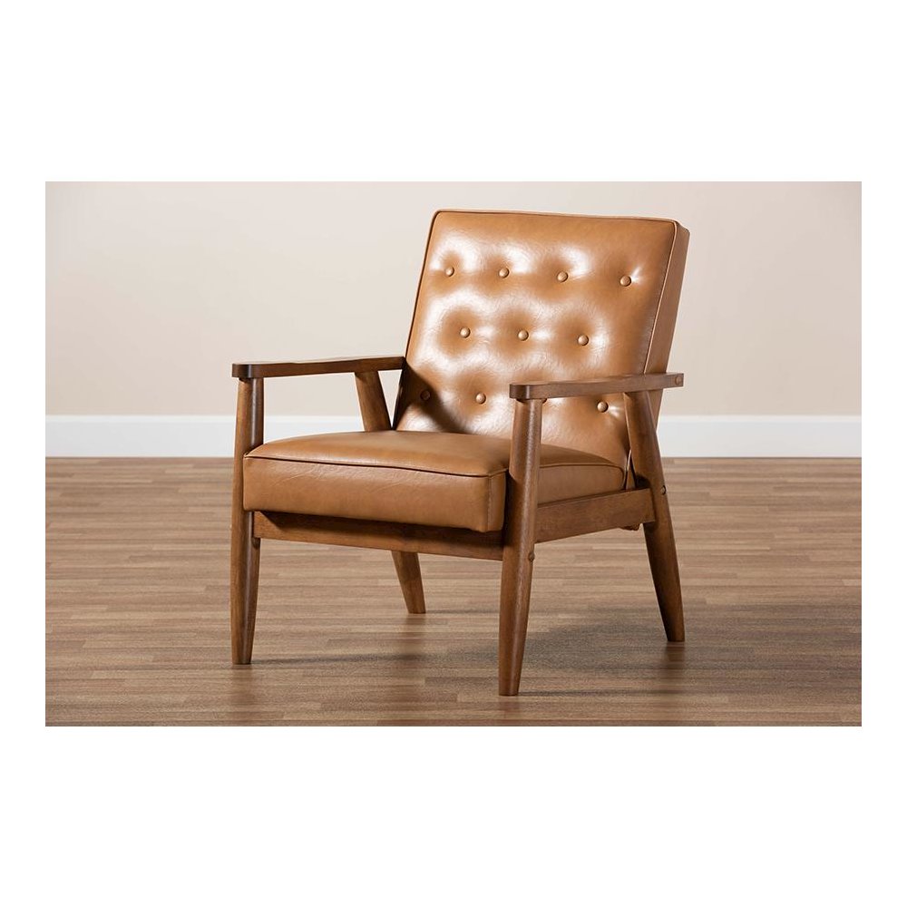 Leather Upholstered and Walnut Brown Finished Wood Lounge Chair