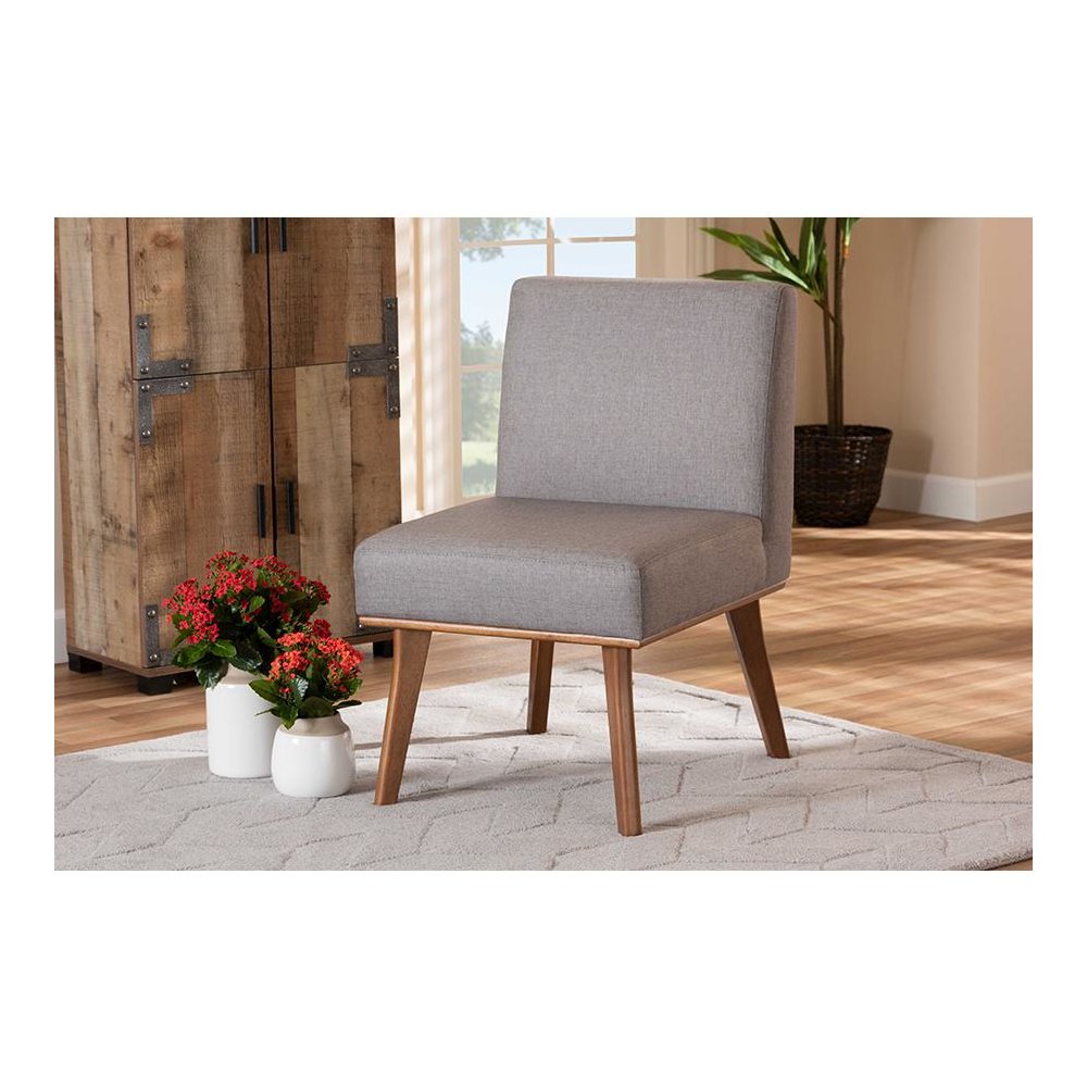 Grey Fabric Upholstered and Walnut Brown Finished Wood Dining Chair