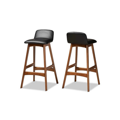 Leather Upholstered and Walnut Brown Finished Wood 2-Piece Bar Stool Set