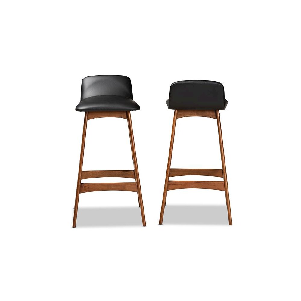 Leather Upholstered and Walnut Brown Finished Wood 2-Piece Bar Stool Set