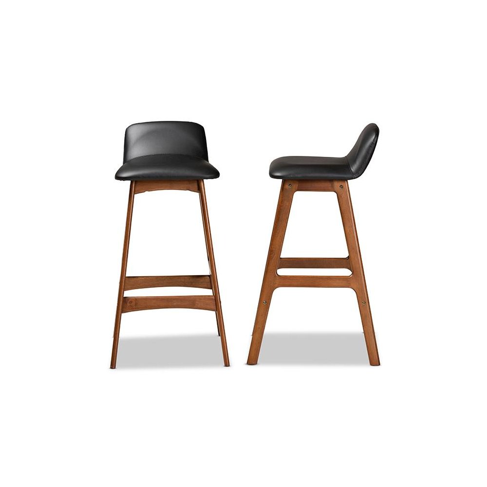 Leather Upholstered and Walnut Brown Finished Wood 2-Piece Bar Stool Set