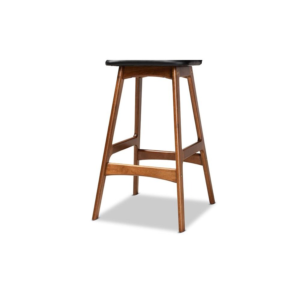 Leather Upholstered and Walnut Brown Finished Wood 2-Piece Bar Stool Set
