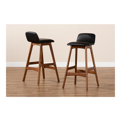Leather Upholstered and Walnut Brown Finished Wood 2-Piece Bar Stool Set