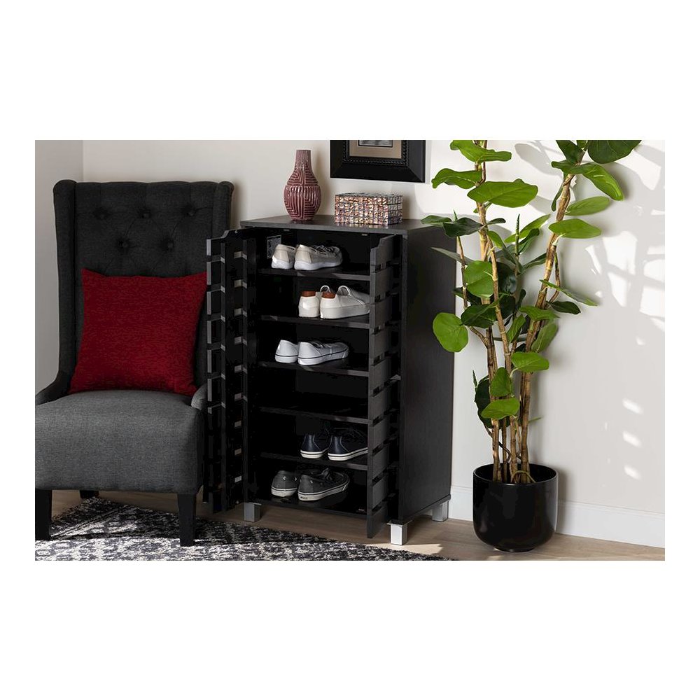 Dark Brown Finished Wood 2-Door Shoe Storage Cabinet