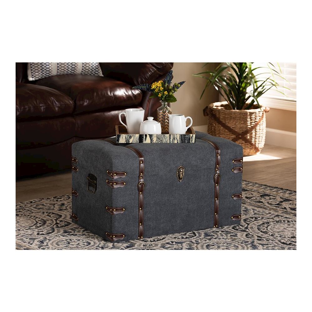 Transitional Grey Fabric Upholstered Storage Trunk Ottoman