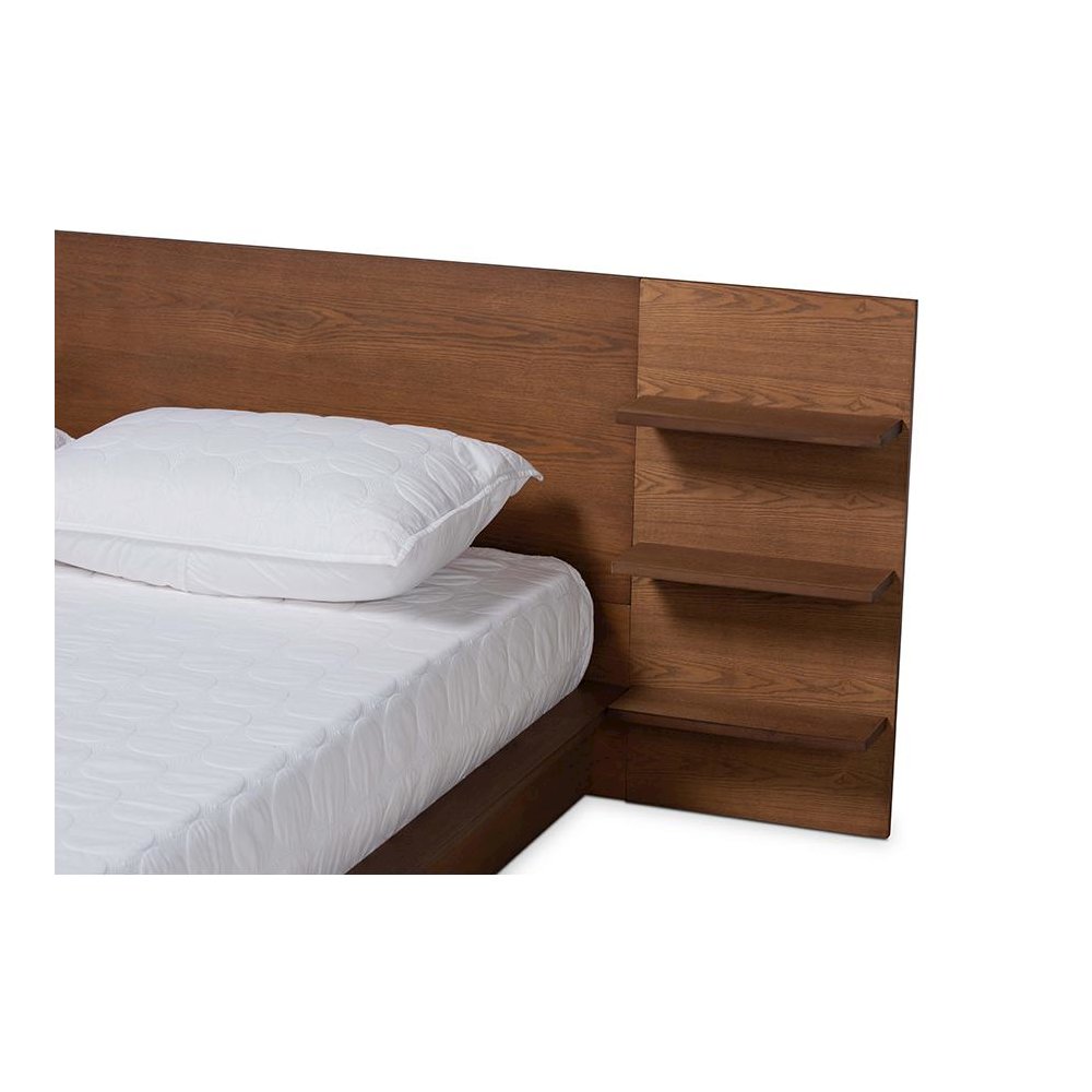 Walnut Brown Finished Wood Queen Size Platform Storage Bed with Shelves