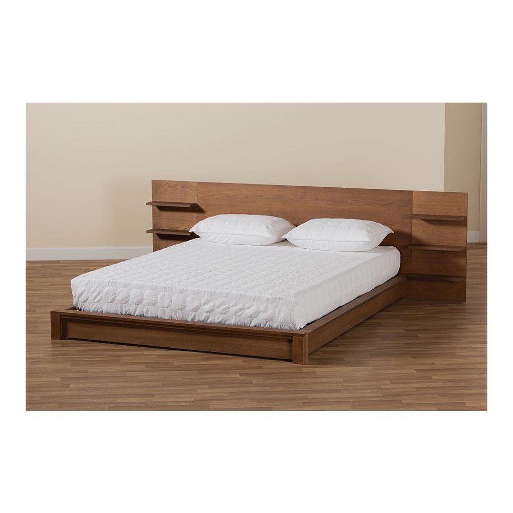 Walnut Brown Finished Wood Queen Size Platform Storage Bed with Shelves