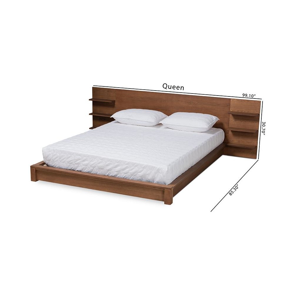 Walnut Brown Finished Wood Queen Size Platform Storage Bed with Shelves