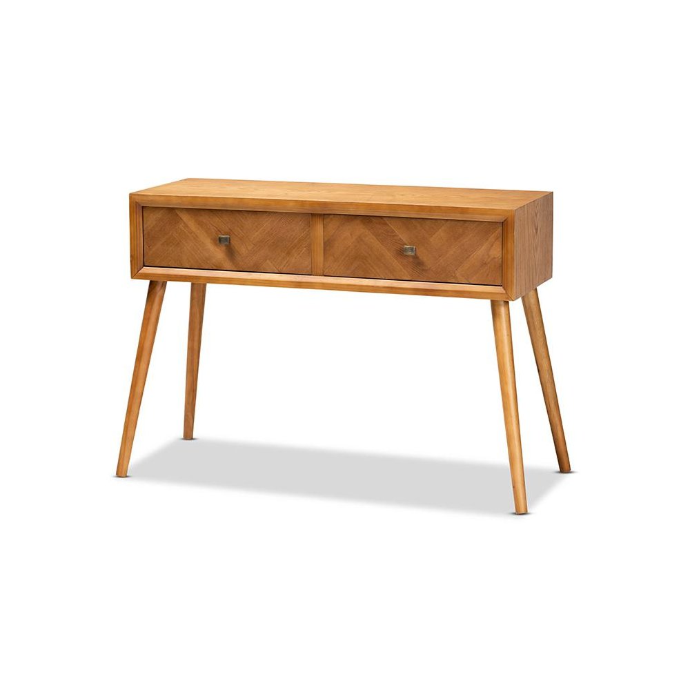 Mae Mid-Century Modern Natural Brown Finished Wood 2-Drawer Console Table