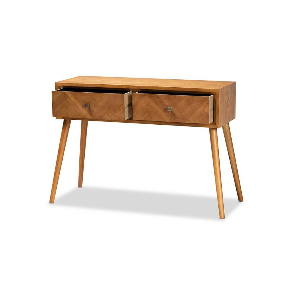 Mae Mid-Century Modern Natural Brown Finished Wood 2-Drawer Console Table