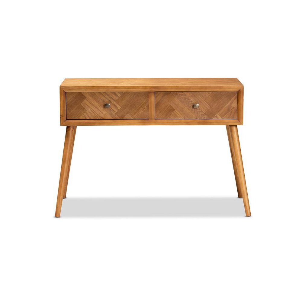 Mae Mid-Century Modern Natural Brown Finished Wood 2-Drawer Console Table