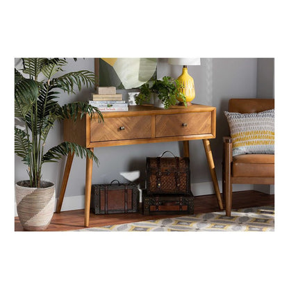 Mae Mid-Century Modern Natural Brown Finished Wood 2-Drawer Console Table