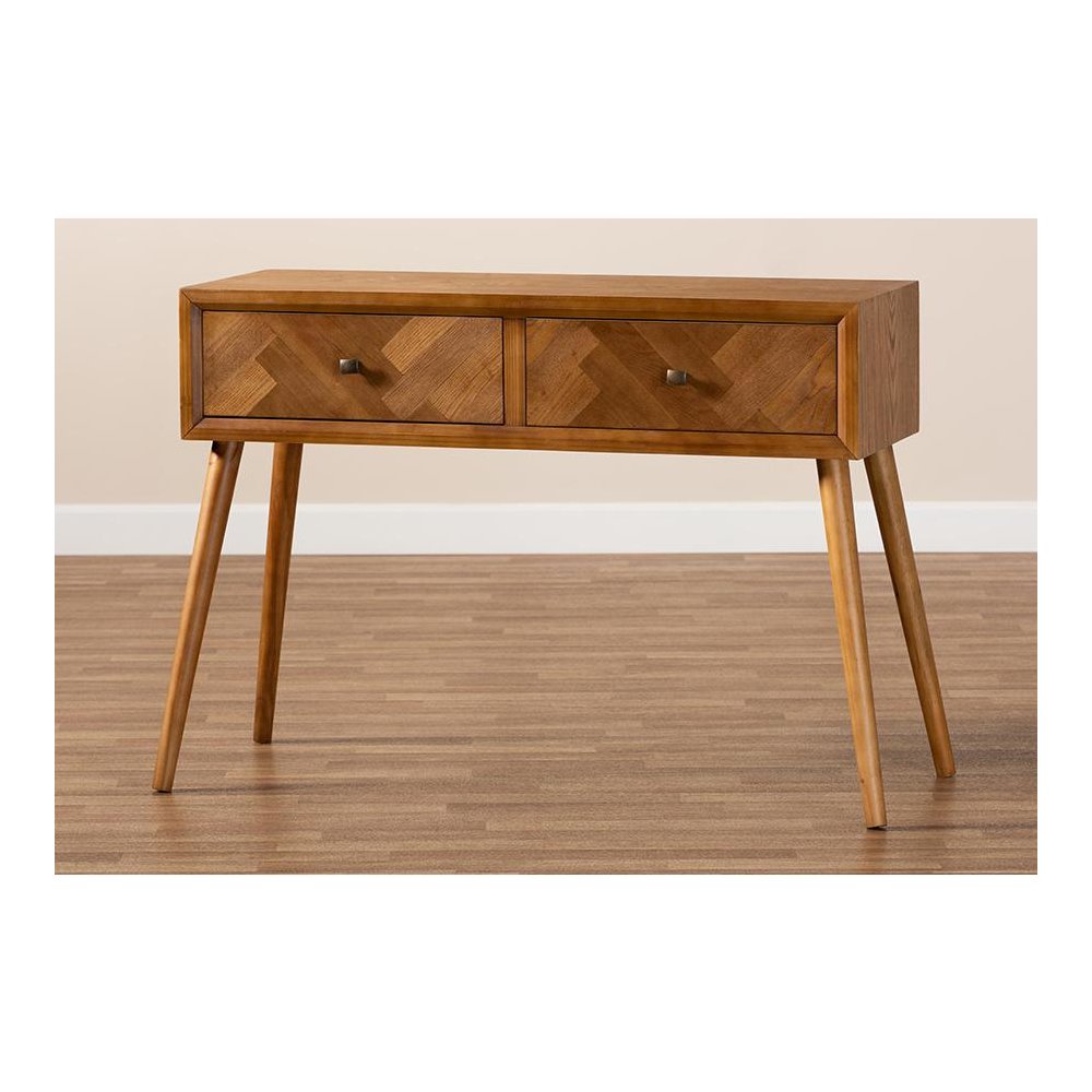 Mae Mid-Century Modern Natural Brown Finished Wood 2-Drawer Console Table