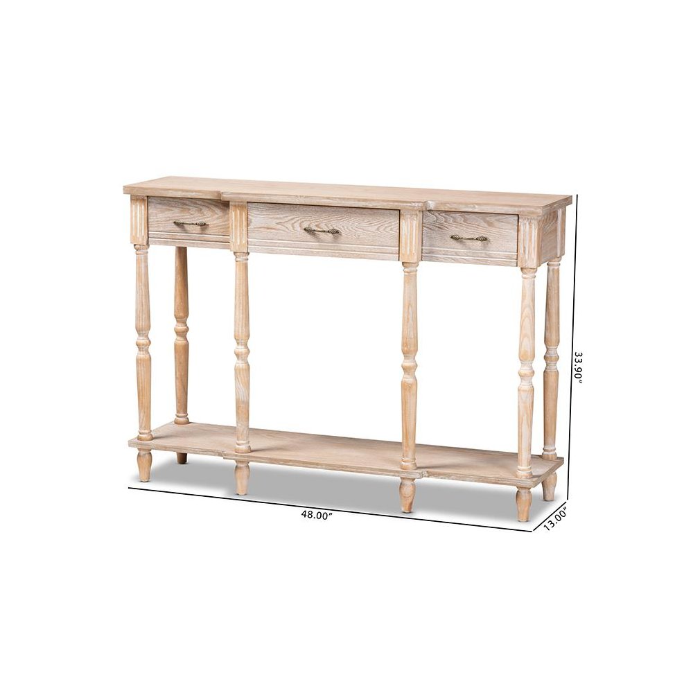 Provincial Rustic Whitewashed Oak Brown Finished Wood 3-Drawer Console Table
