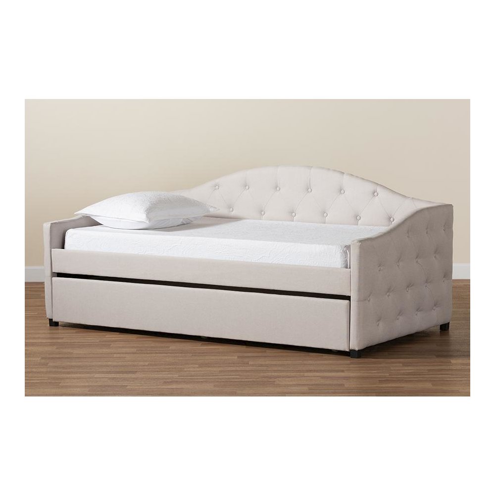 Transitional Beige Fabric Upholstered Twin Size Daybed with Trundle